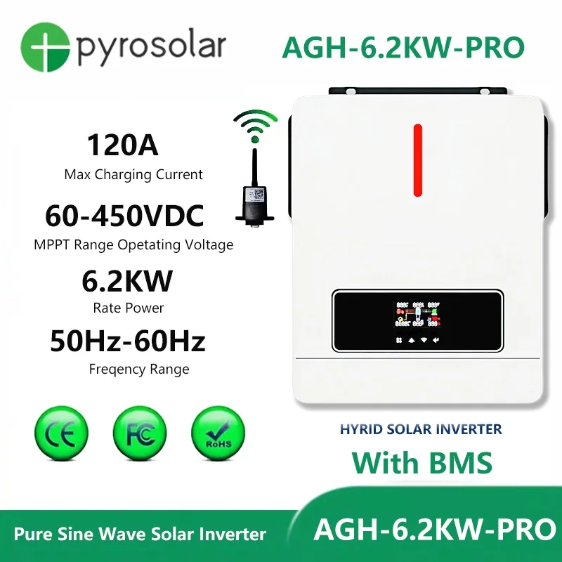 Pyrosolar 6.2KW 6200W Solar Hybrid Inverter 48V 220V AC 120A MPPT Output Pure Sine Wave Dual Load Power Solar Inverter with BMS