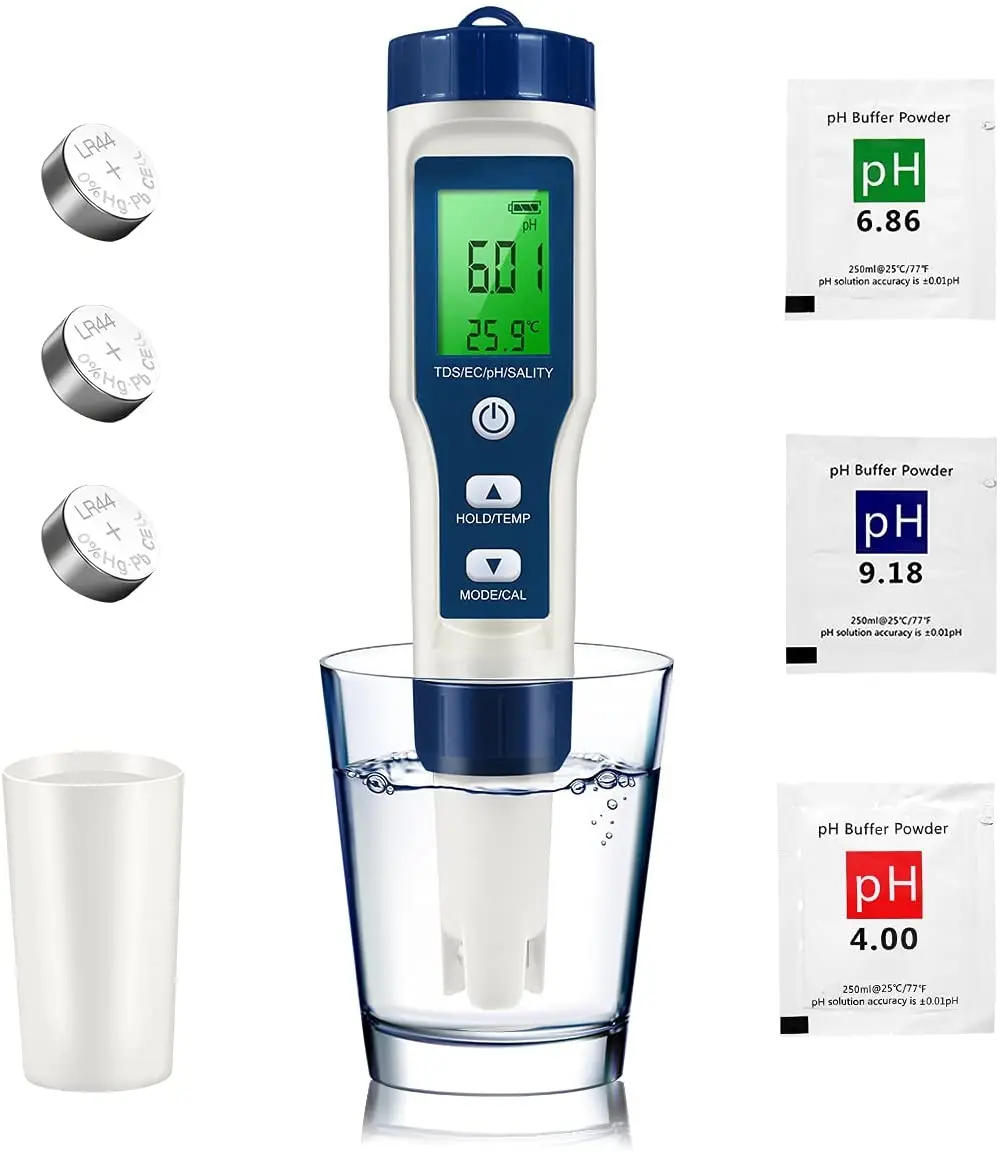 Cyfrowy ph-metr wielokrotnego ładowania 5 w 1 pH/TDS/EC/zasolenie/Temp z jednoczesnym wyświetlaniem danych dla hydroponiki, akwariów, laboratorium