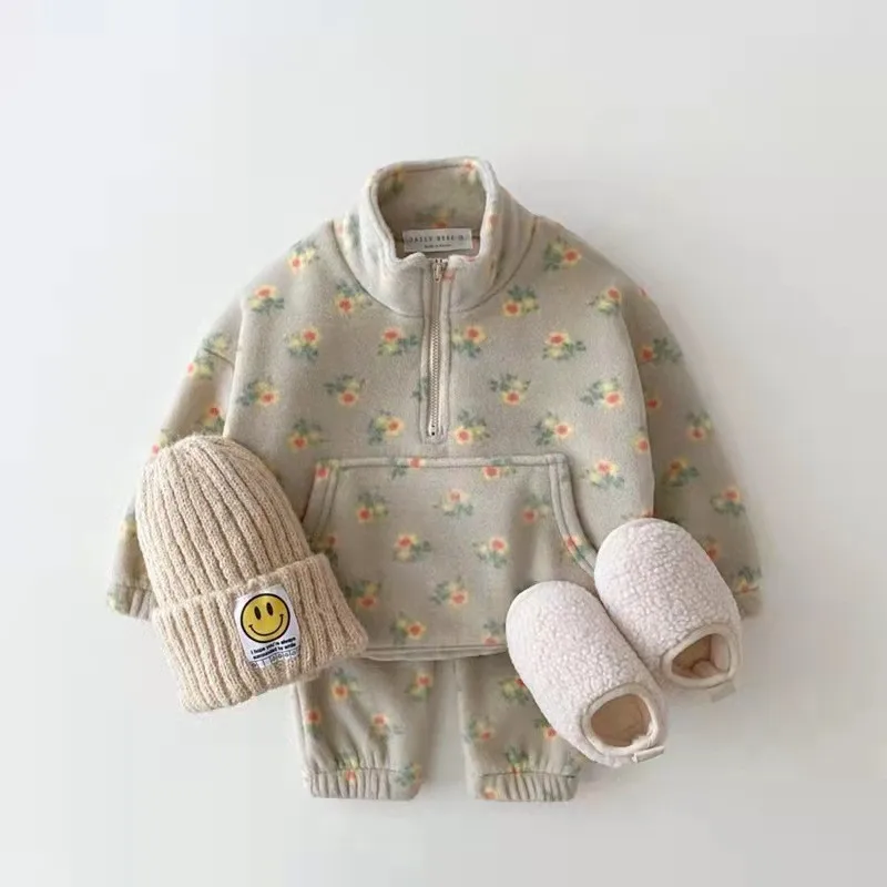 Baby Clothing Set Spring and Autumn Boys Girls Stand Collar Printed Velvet Casual All Match Velvet Warm Fashion Two Piece Set