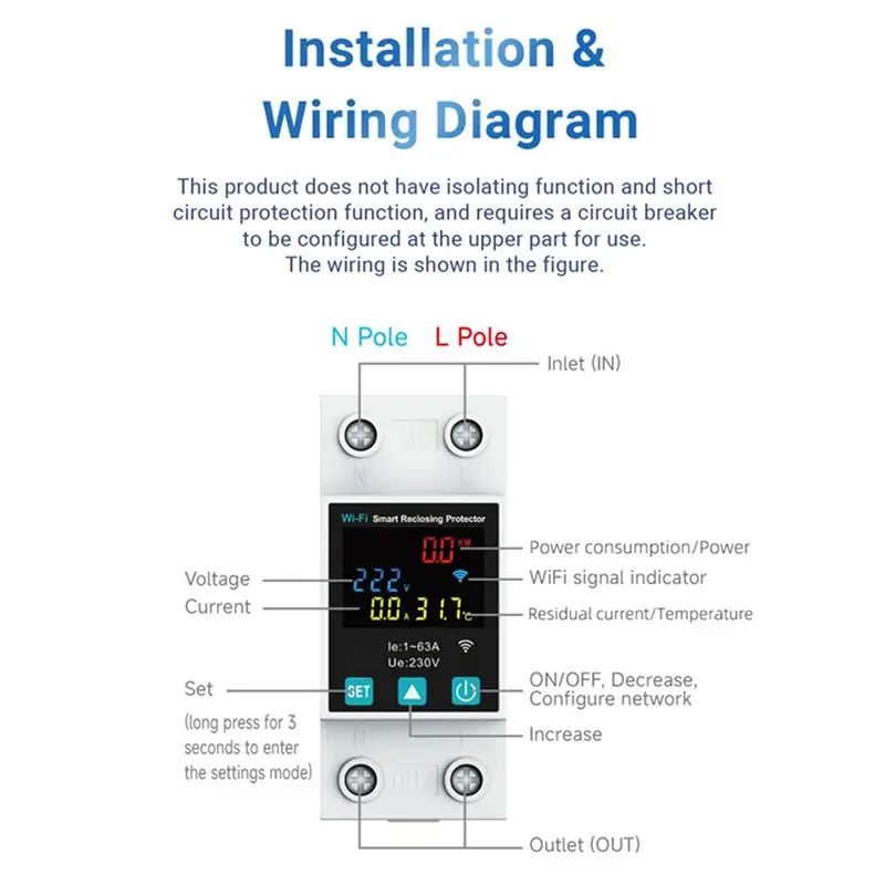 AB11-2X New 1P 1-63A Tuya Wifi Smart Circuit Breaker LED Display Switch With Power Metering Smart Life Control Via Alexa Home