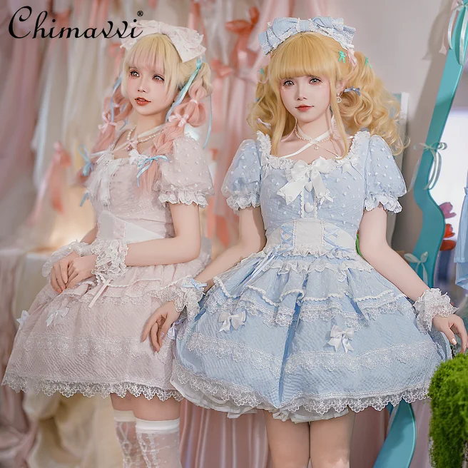 

Original Princess Style Girl Sweet Neck Skirt Set New 2025 Summer Cute Bow Short-sleeved Top + Skirt Lolita Two-piece Set