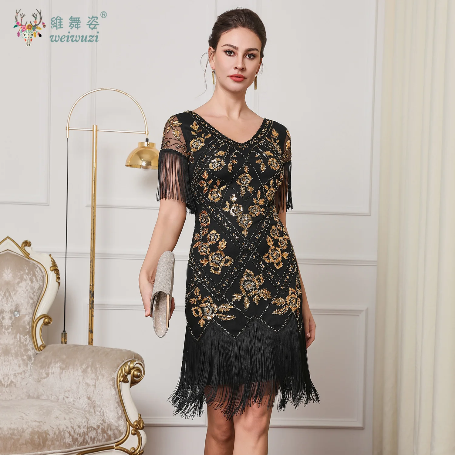 新しい女性のスパンコールラウンドネック痩身半袖フリンジドレスヴィンテージローズ刺繍カクテルパーティーダンスイブニングドレス