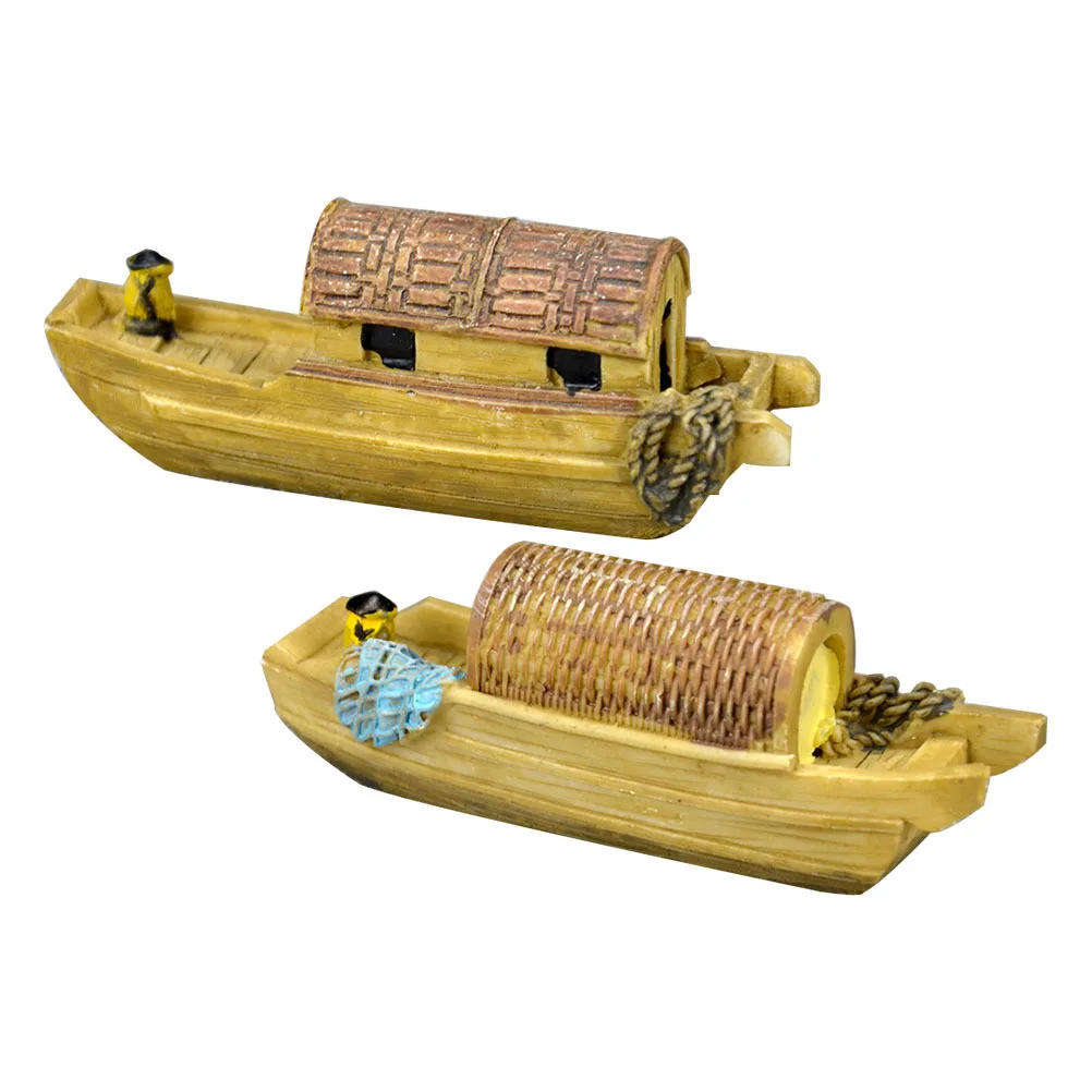 

2Pcs Fishing Boat Ornament Lifelike Small Boat Micro Landscape Decor for Fish Tank Miniature Aquarium Decoration