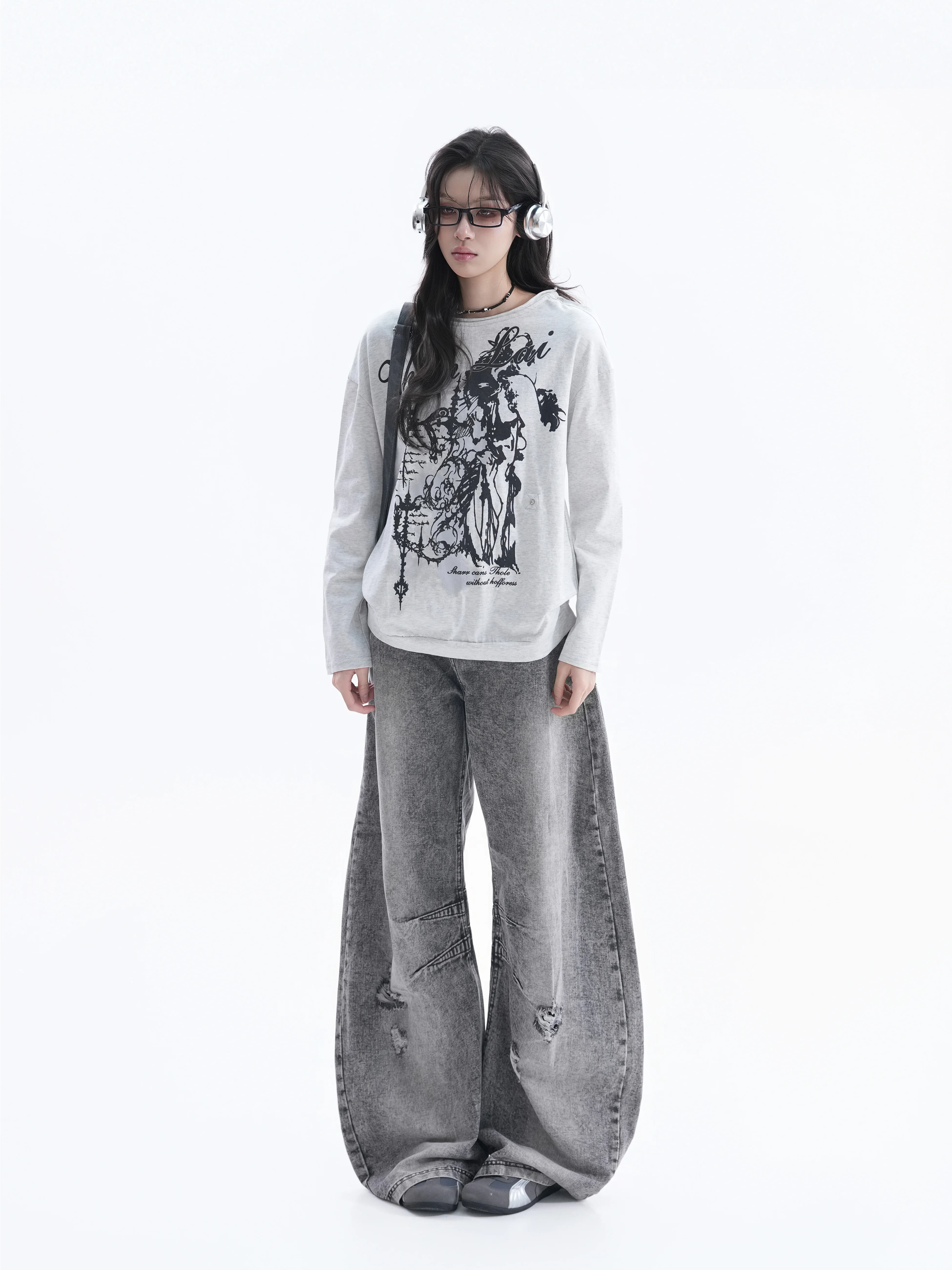 Retro American Design round Neck Long Sleeve Women's T-shirt Light Cotton Base Shirt Casual Style Loose Fit Printed Tee