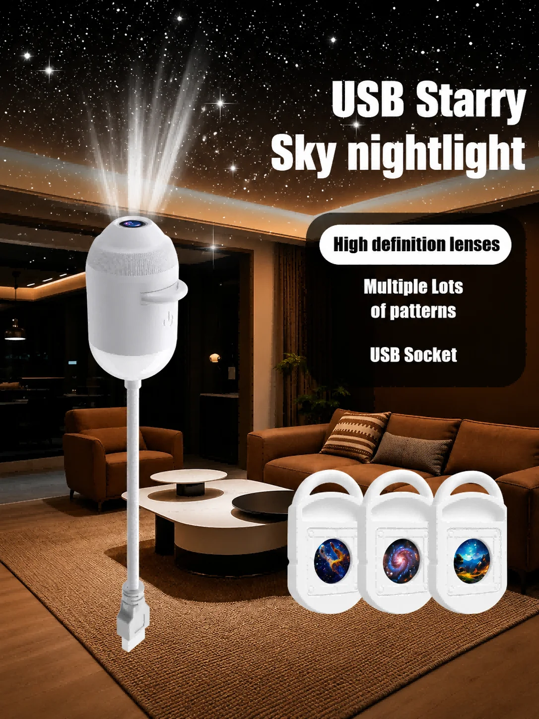 USB Starry Sky Projector Night Light 360 Bendable Flexible Hose HD Projection Car Bedroom Decor Lamp Replaceable Pattern Films
