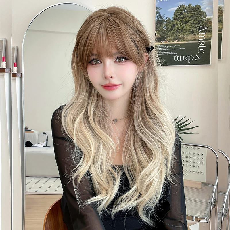 7JHH WIGS Costume Wig Synthetic Body Wavy Brown Ombre Blonde Wig with Bangs High Density Layered Wig for Women Beginner Friendly