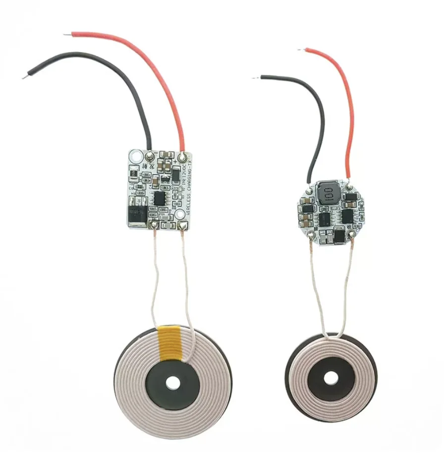 Wireless charging/power supply module outputs 12.6V/8.4V/5V. Charge battery connect to load indicator light for metal resistance