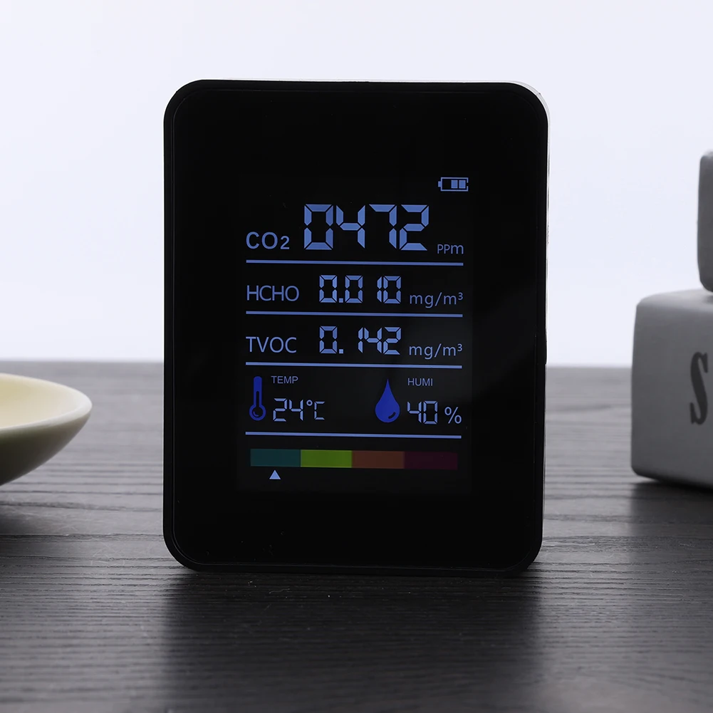 5 في 1 الرقمية مراقبة جودة الهواء CO2 متر جهاز قياس درجة الحرارة والرطوبة ثاني أكسيد الكربون TVOC HCHO الكاشف