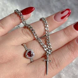 Heart Ring and Sword Necklace Set Silver Gold Color Stainless Steel Crystal Couple Necklaces for Women Men Boyfriend Girlfriend