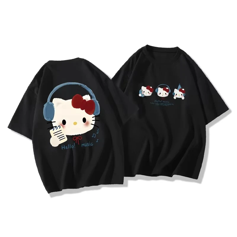 MINISO صيف جديد مرحبا كيتي طباعة العلامة التجارية الأمريكية العصرية عطلة 2025 المرأة الكرتون الاتجاه العلوي حجم كبير فضفاض تي شيرت غير رسمي