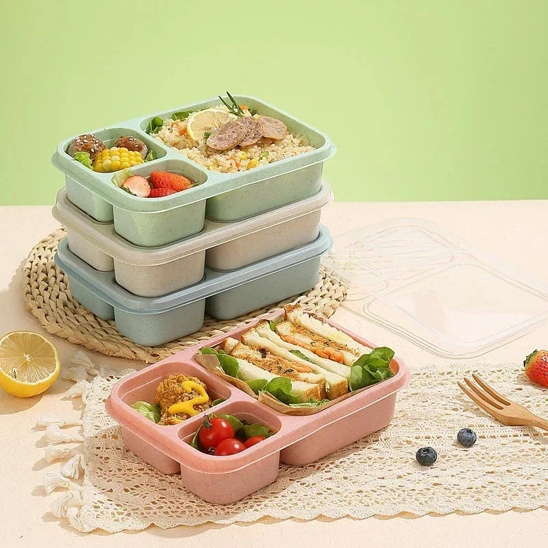 1-4Pcs Reusable 3 Compartment Divided Bento Box Kid School Adult Office Food Storage Containers Outdoor Portable Plastic Box