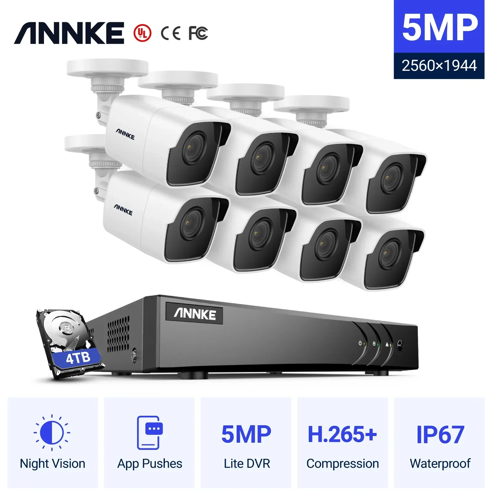 ANNK 울트라 HD 8CH DVR CCTV 보안 시스템, 야외 5MP EXIR 나이트 비전 카메라 비디오 감시 키트, H.265 + 5MP 라이트, 8 개