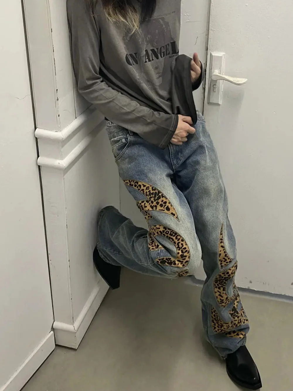 Leopard Pattern Splice Jeans Trendy High Waist Wide Leg Pants Women's Hot Girl Streetwear Casual Vintage Slim Fit Long Pants