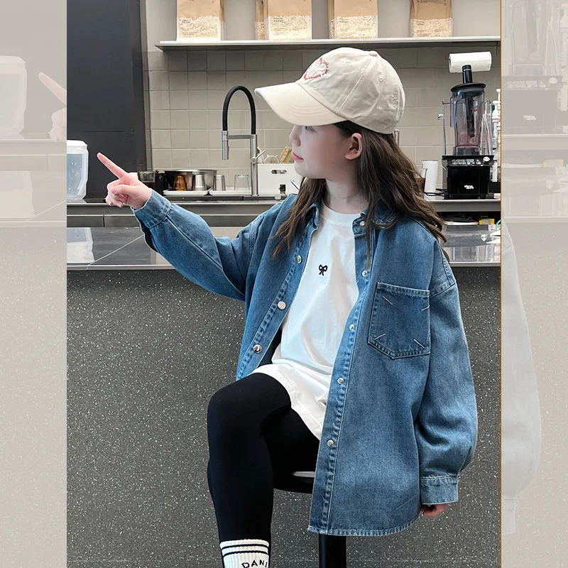 

Джинсовая рубашка для девочек, стильная рубашка для маленьких девочек, детская куртка, кардиган, наряд для больших детей, новинка весны и осени 2022 года