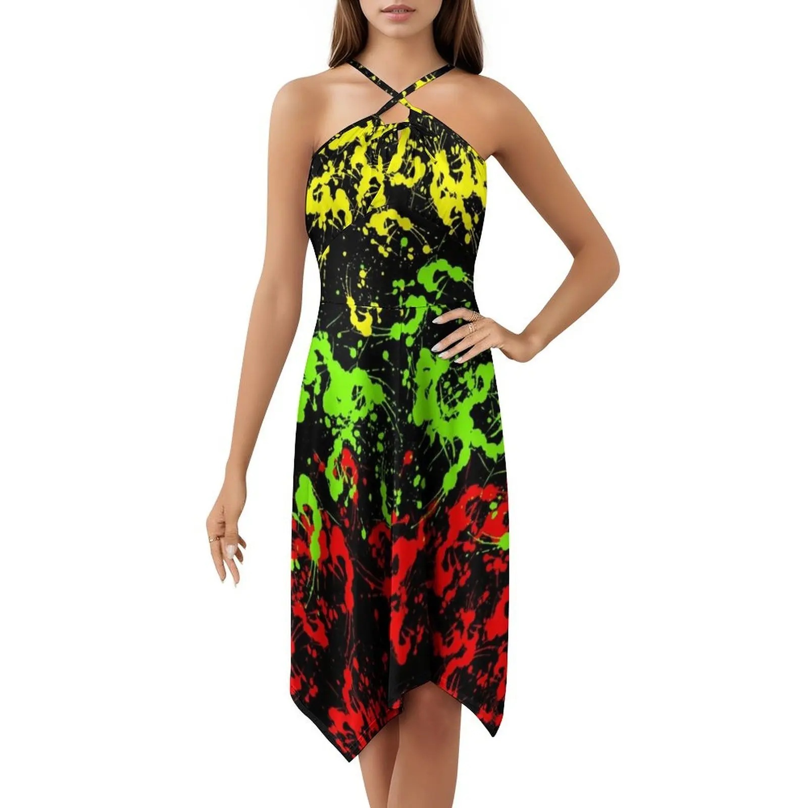 الراستا الطلاء ترشيش الكورية نمط فستان كاجوال للنساء بسيط اليومية مكتب سيدة فساتين الطلاء ترشيش جامايكا الراستا #5