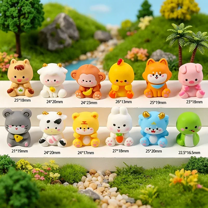 12 Chinese Zodiac Mini Animal Figurines Resin Cute Desk Decor DIY Fairy Garden Micro Landscape Accessories Set Miniature