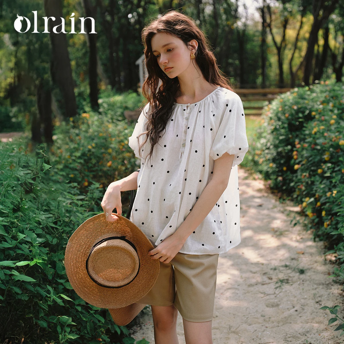 

OLrain Women's Shirts 2026 Summer Polka Dot French Holiday Blouse Female Puff Sleeve Round Neck Button Women Shirts O57XC99220