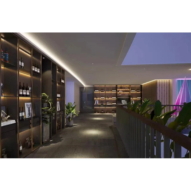 Custom.خزانة عرض معدنية مخصصة حديثة من الفولاذ المقاوم للصدأ خزانة عرض النبيذ متجر النبيذ ديكور متجر الخمور