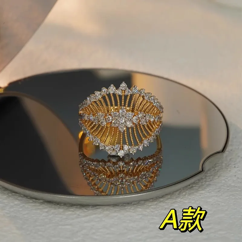 Foydjew Italian Vintage Jewelry Hollow Design Gold Color Rings Inlaid Zircon Elegant Banquet Party Accessories For Women