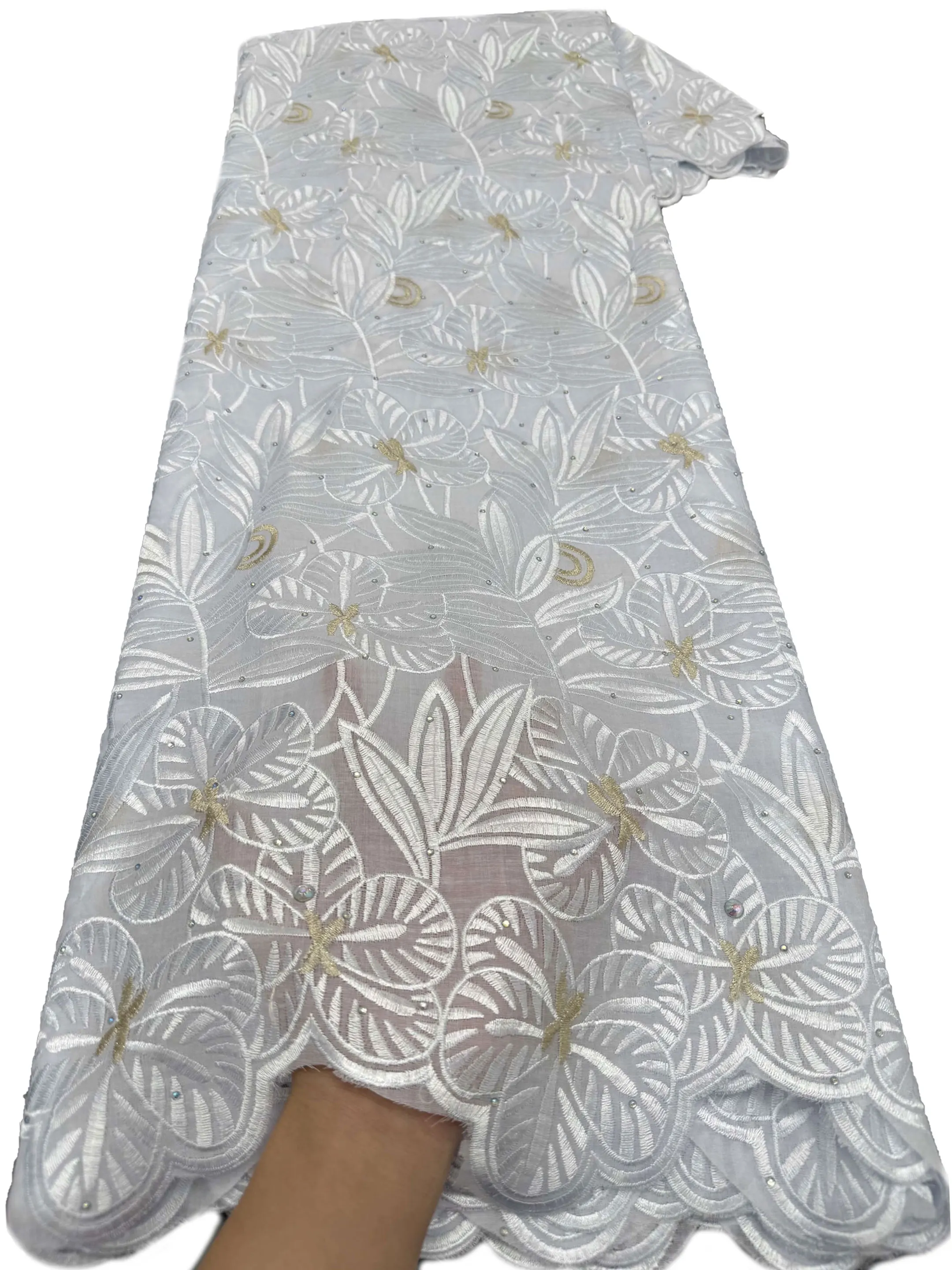 African Swiss Voile Lace Fabric - Embroidered Floral With Stones Accents, Lightweight Scalloped Edge For Wedding Gowns 