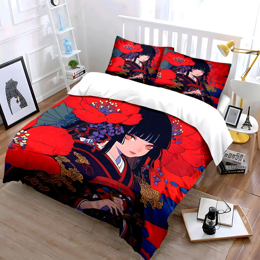 Elegant kimono woman with red flowers Printed Duvet Cover Set1 Duvet Cover+2 PillowcaseMulti Size Bedroom Bedding Decor