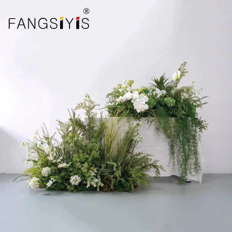 

Mori Outdoor Wedding Backdrop Decor Hydrangea Fern Green Plants Grass Floral Row Arrangement Road Lead Floor Flower Party Props