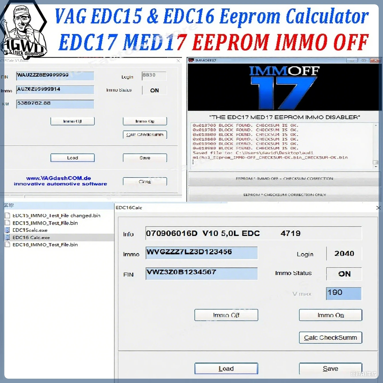 For VAG  3 in 1 Software EDC15 EDC16 Eeprom Calculator  Immo Vin  Mileage Pin and EDC17 MED17 IMMO Off in Eeprom or Flash