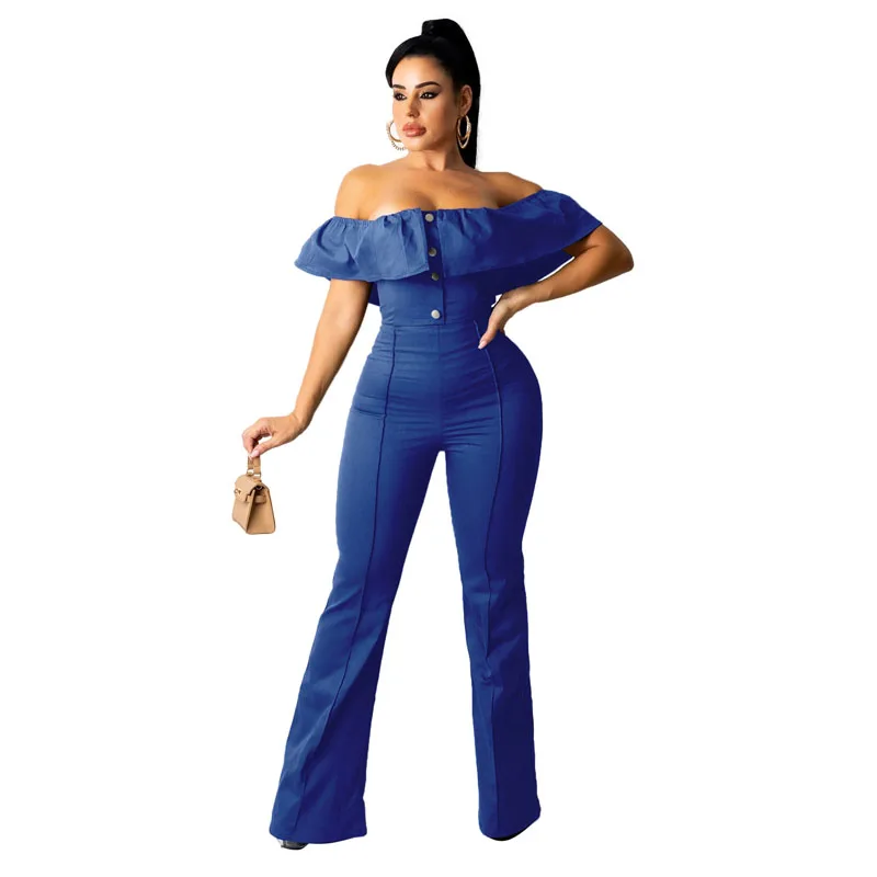 Fashion Ruffled One Shoulder Jumpsuit Women Solid High Waist Elastic Slim Fit Long Pants for Ladies Cocktail Birthday Party