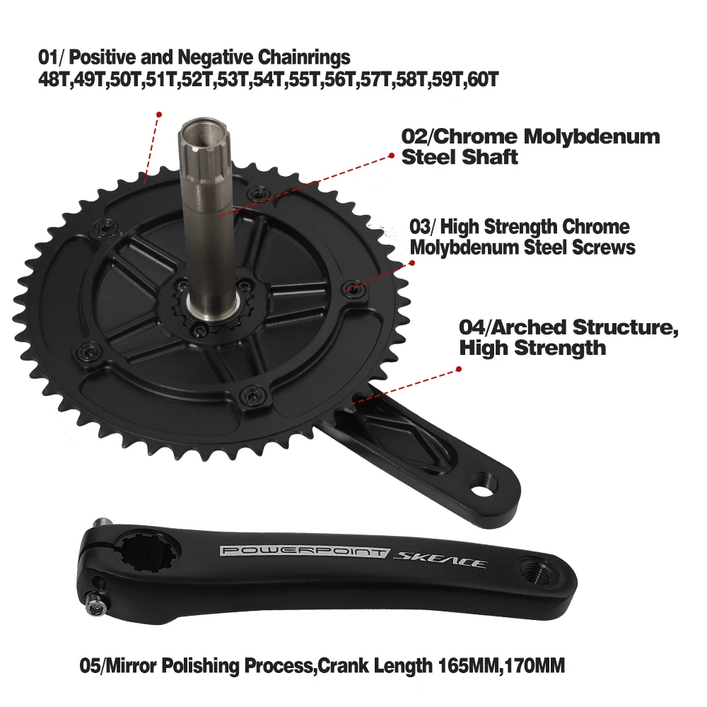 SKEACE Powerpoint Hollowtech Crankset, Fixie Crank, Single Speed Fixed Gear Bike, Track Bicycle Chainwheel, 49T, 165mm, 144BCD