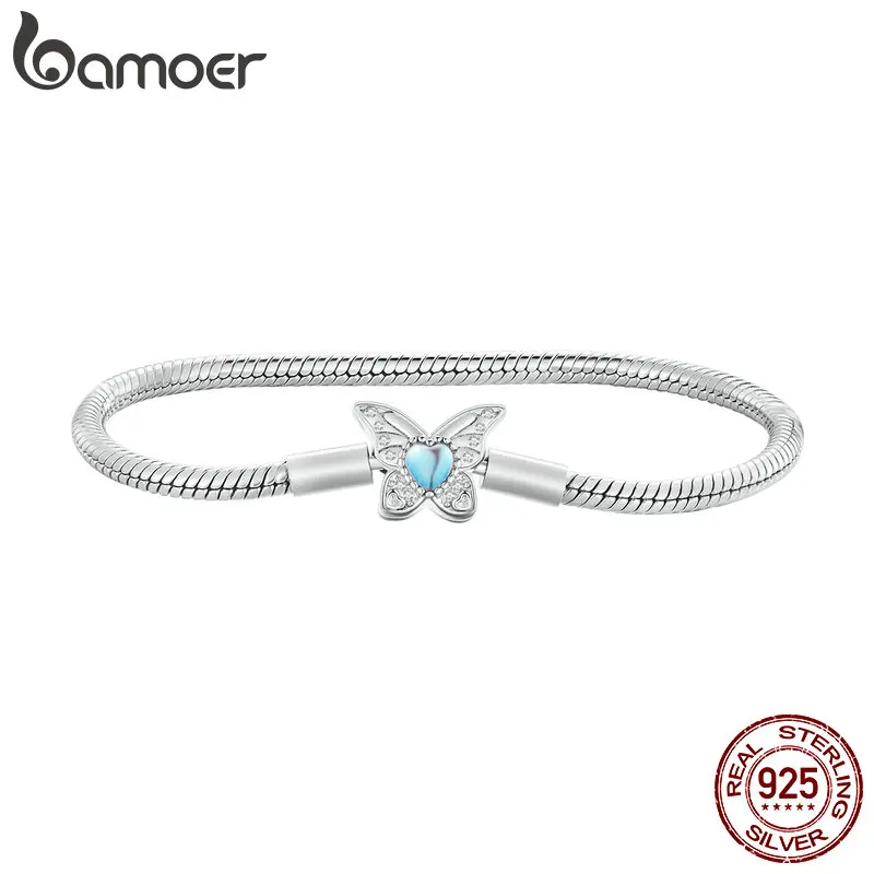 Bamoer 925 Sterling Silver Snake Basic moonstone Bracelet Infinite Love Flexible Butterfly Clasp Buckle Bracelet Fit Bead Charm