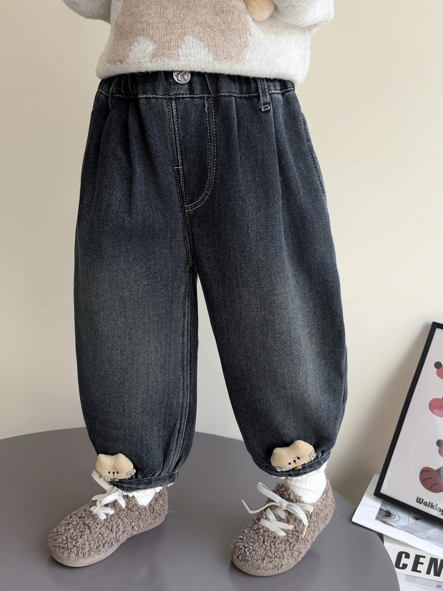 

Утепленные джинсовые брюки с мультяшным принтом для девочек, модные зимние теплые повседневные штаны