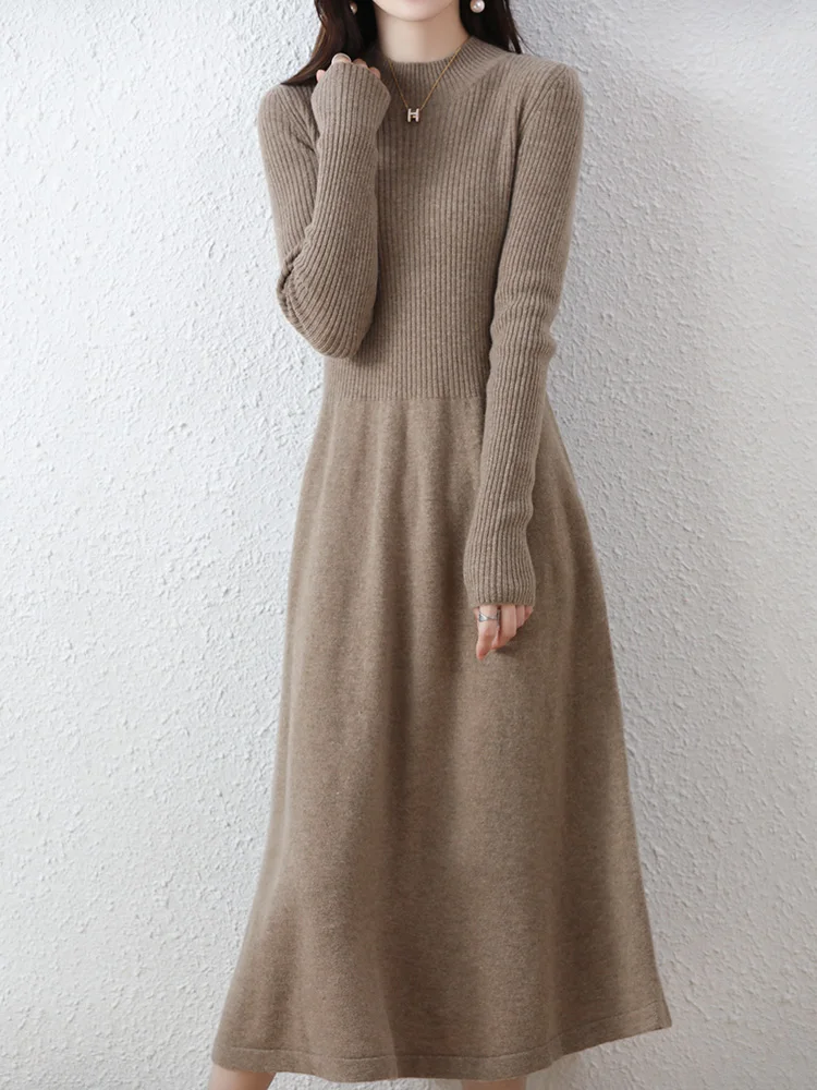 Women's Wool Dress Mock Neck Cashmere Pullover Sweater Autumn Winter 100% Merino Wool Knitwear Fit and Flare Dress Long Dress