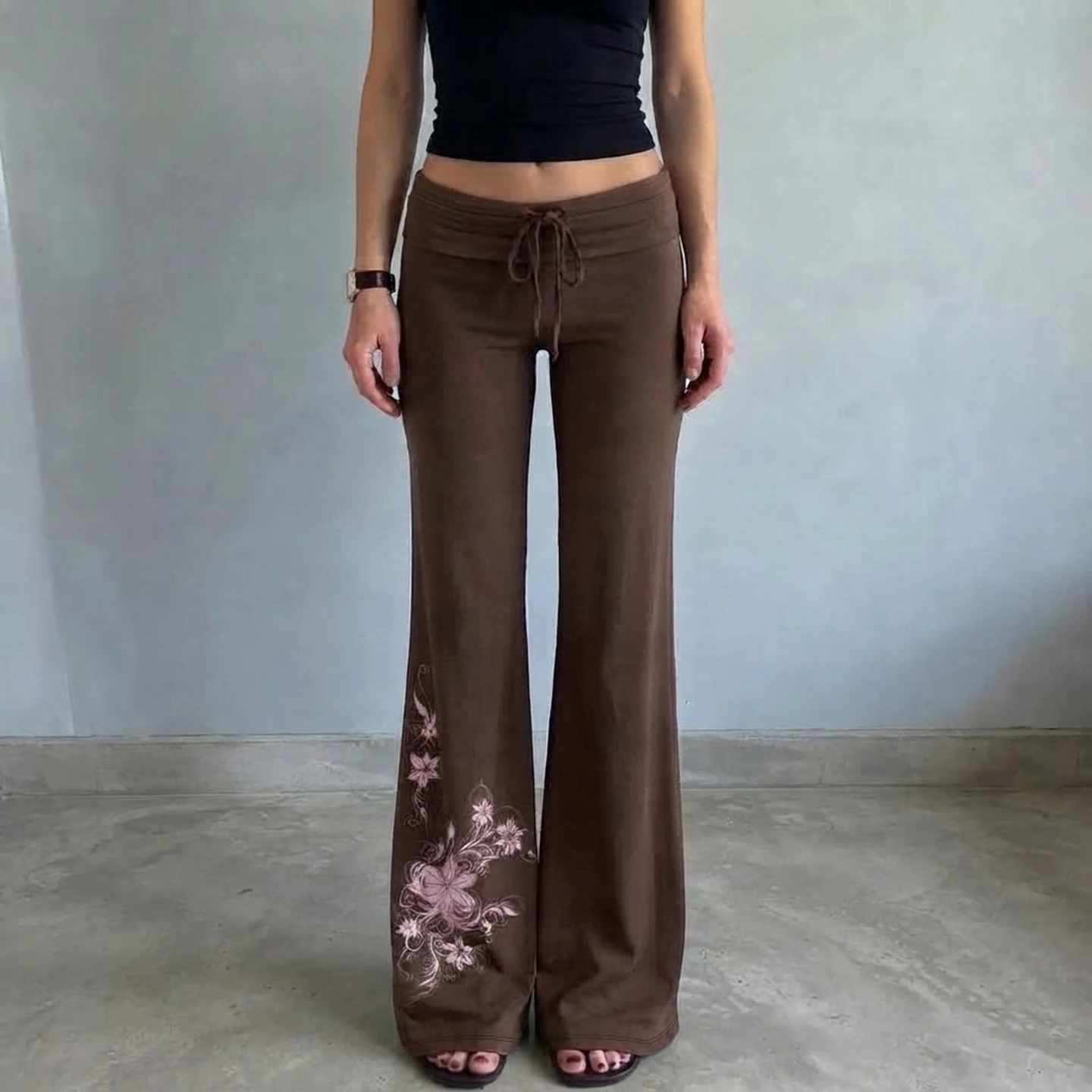 Women Low Waist Drawstring Flare Pants Floral Printed Bootcut Trousers Vintage Casual Streetwear Bottoms Fashion Versatile New