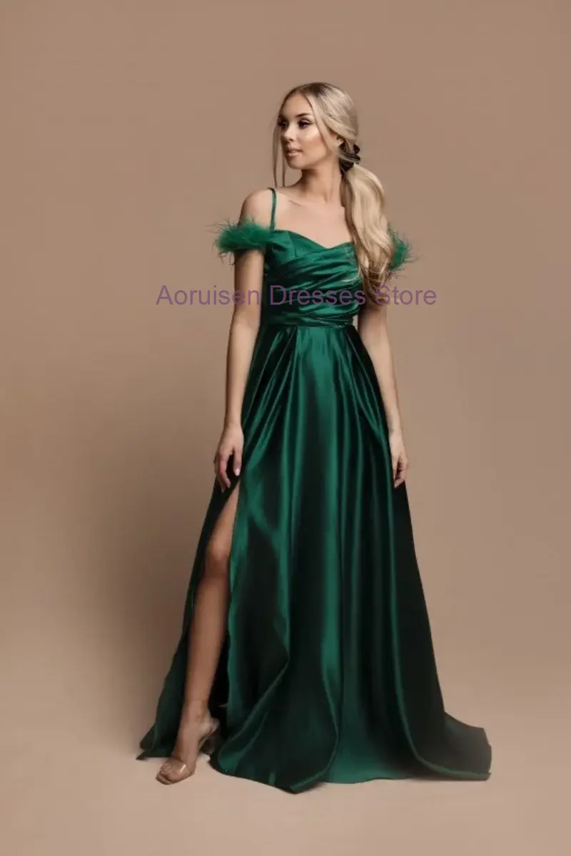 

Dark Green Feathers Prom Dresses Spaghetti Straps Formal Evening Dress elegant and pretty women's dresses Wedding Party Guest