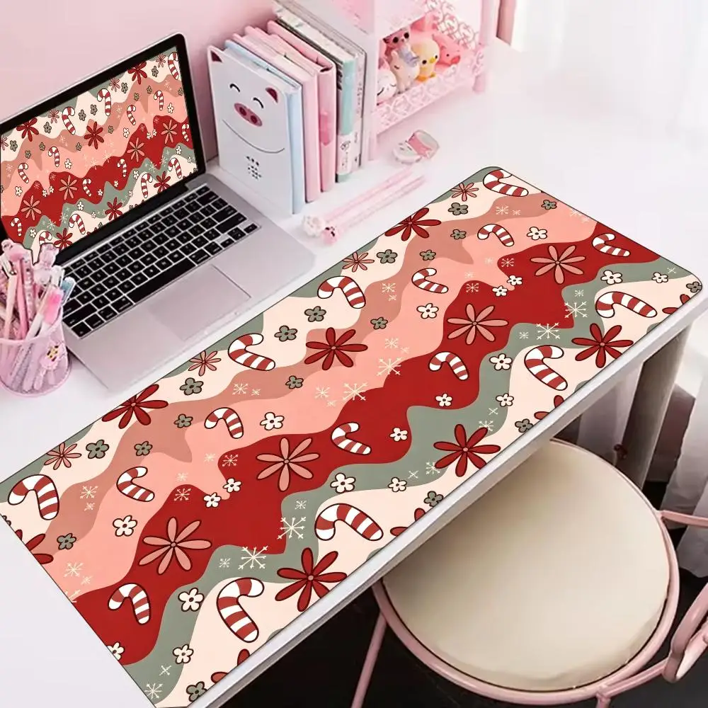 Christmas Candy Cane Snowflake Festive Print Large Gaming Mouse Pad Non Slip Rubber Desk Mat For Laptop Keyboard Office Setup