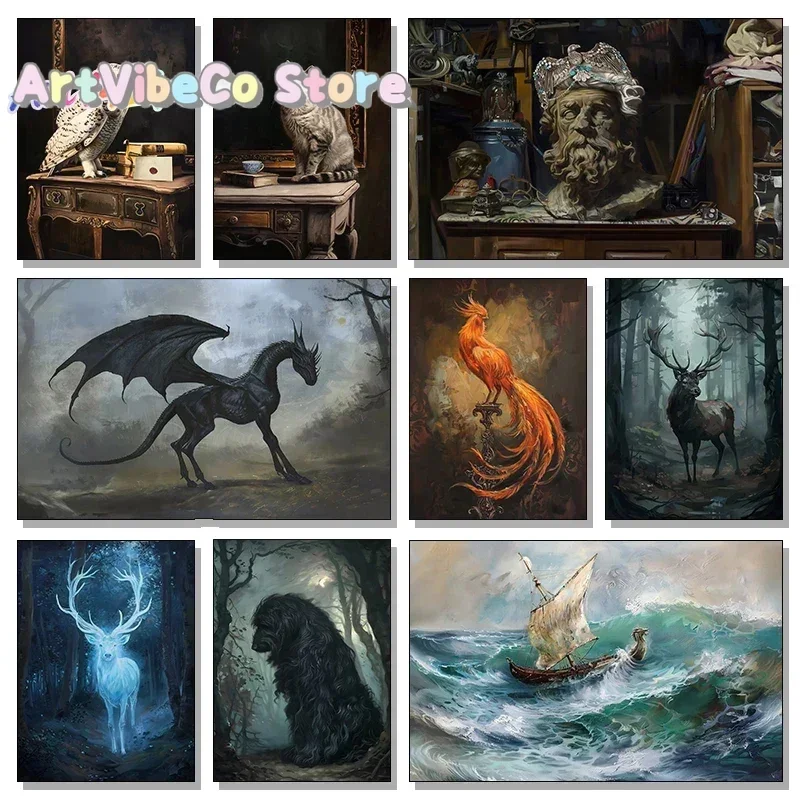 Vintage Dark Wizarding World Translucent Blue Doe Ginger Cat Desk Lion with Crown Posters Animals Canvas Paints Farm Home Decor