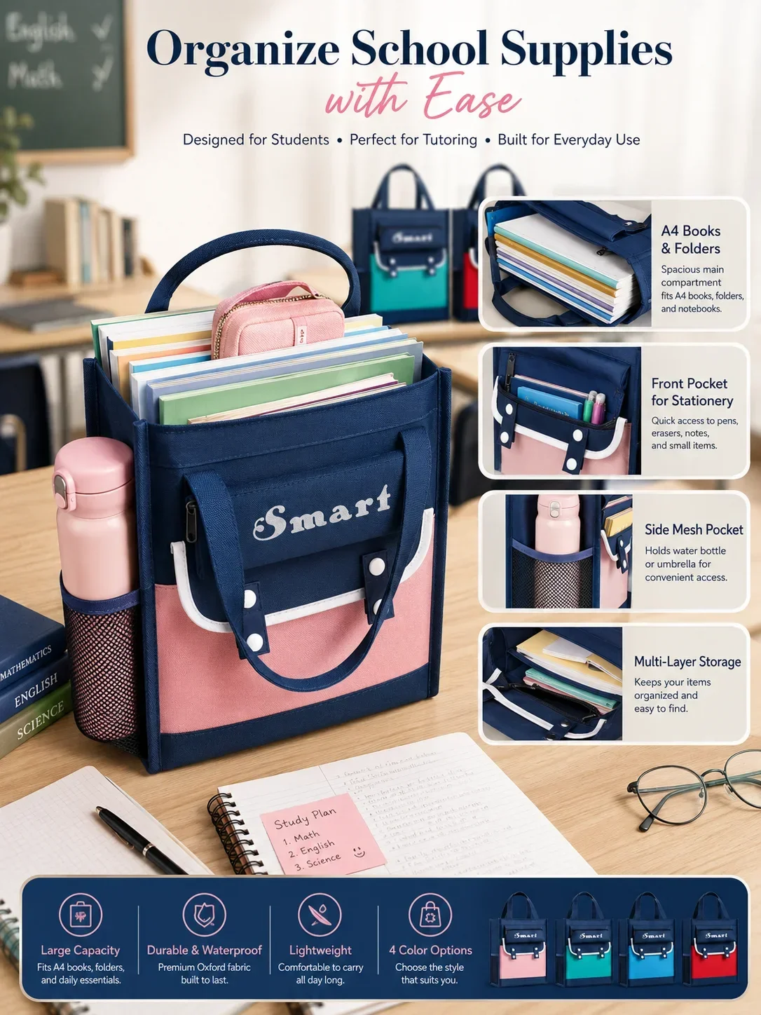 Oxford Cloth British Colorblock Study Bag, Handheld Waterproof Large Capacity Student Tutoring Carry Bag