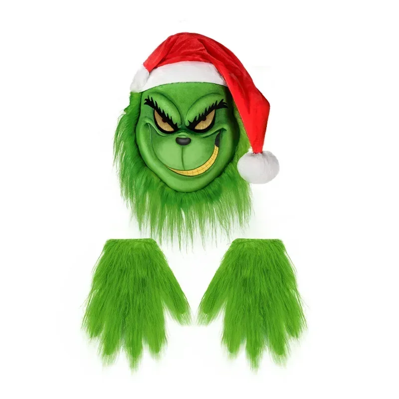 Accessoires de fête, nouveau ensemble de gants de masque de noël, accessoires de fête COSPLAY d'halloween, chapeau rouge de voleur, masque vert, gants verts