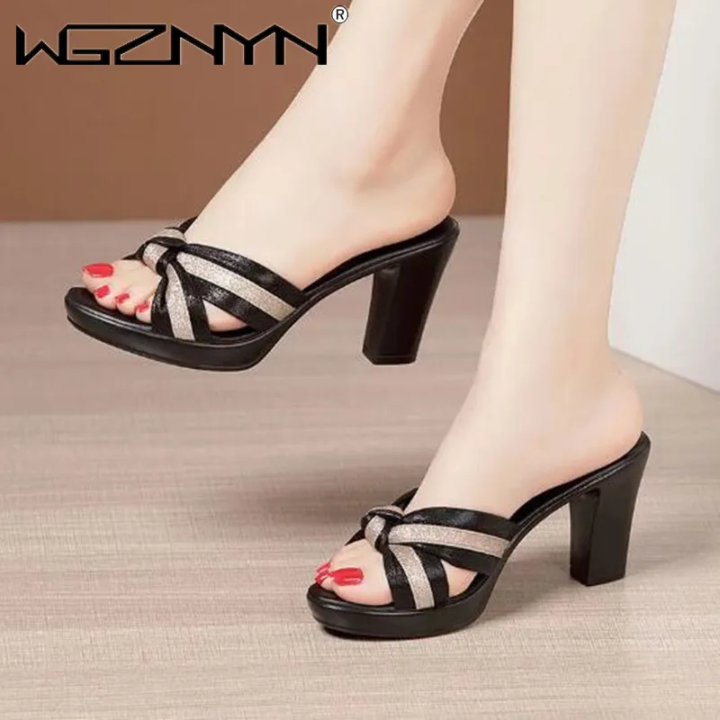 Fashion Elegant Stripe Bow Block High Heels Slides Women Platform Shoes Summer 2024 Thick Sole Slippers for Office Outside Shoes