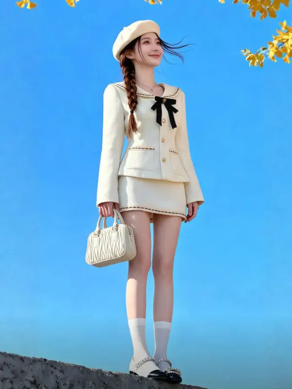 

Комплект одежды OOTD: темно-синий топ с воротником и юбка миди с высокой талией из комфортного хлопка, осенний стиль, французский шик...