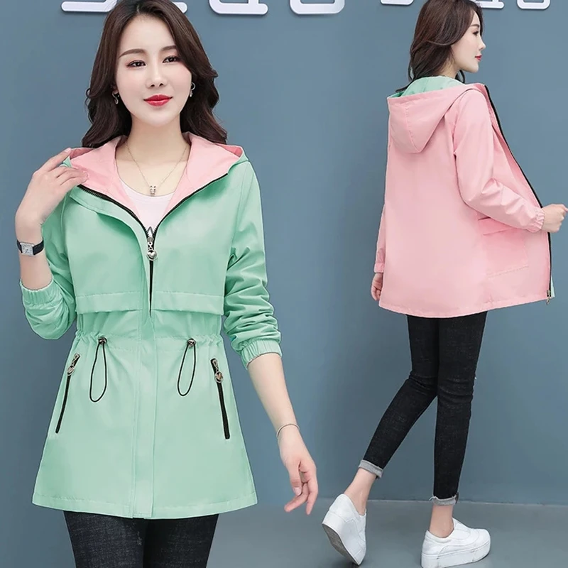 

Spring Autumn Jacket Women Trench Coat 2025 New Double-Sided Wear Hooded Mid-Length Windbreaker Female Tops Gabardina Mujer 5XL