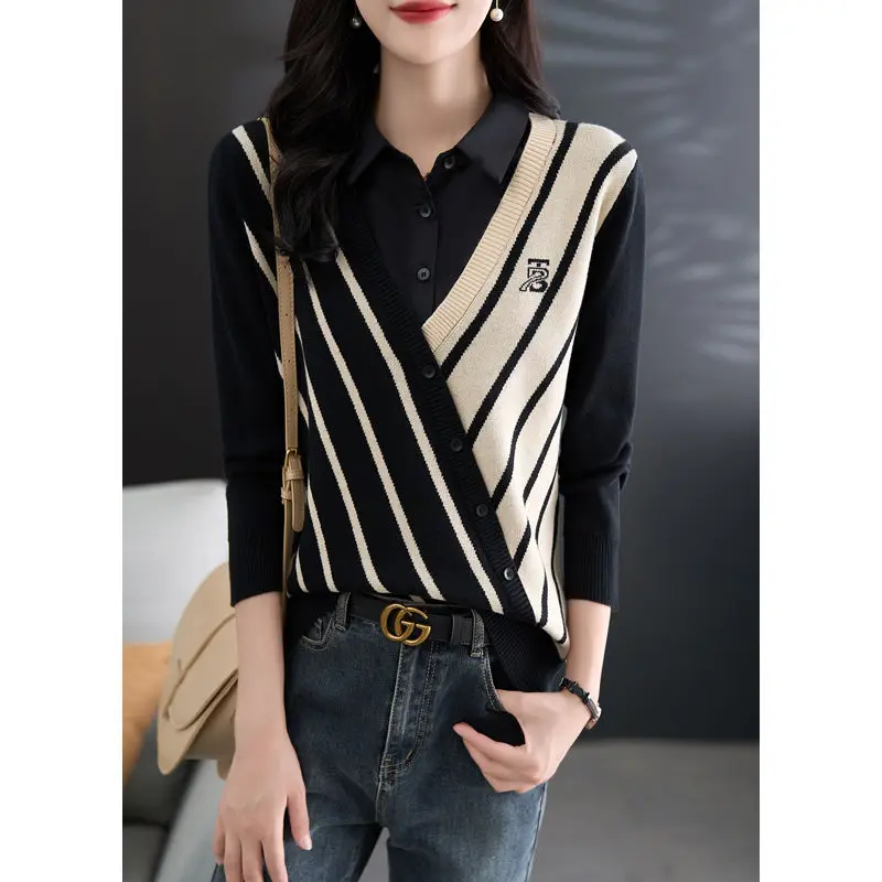 Casual Temperament Fake Two Piece Knitted Shirt for Women\'s Spring Autumn New Western Style Fashion Striped Splicing Shirt Top