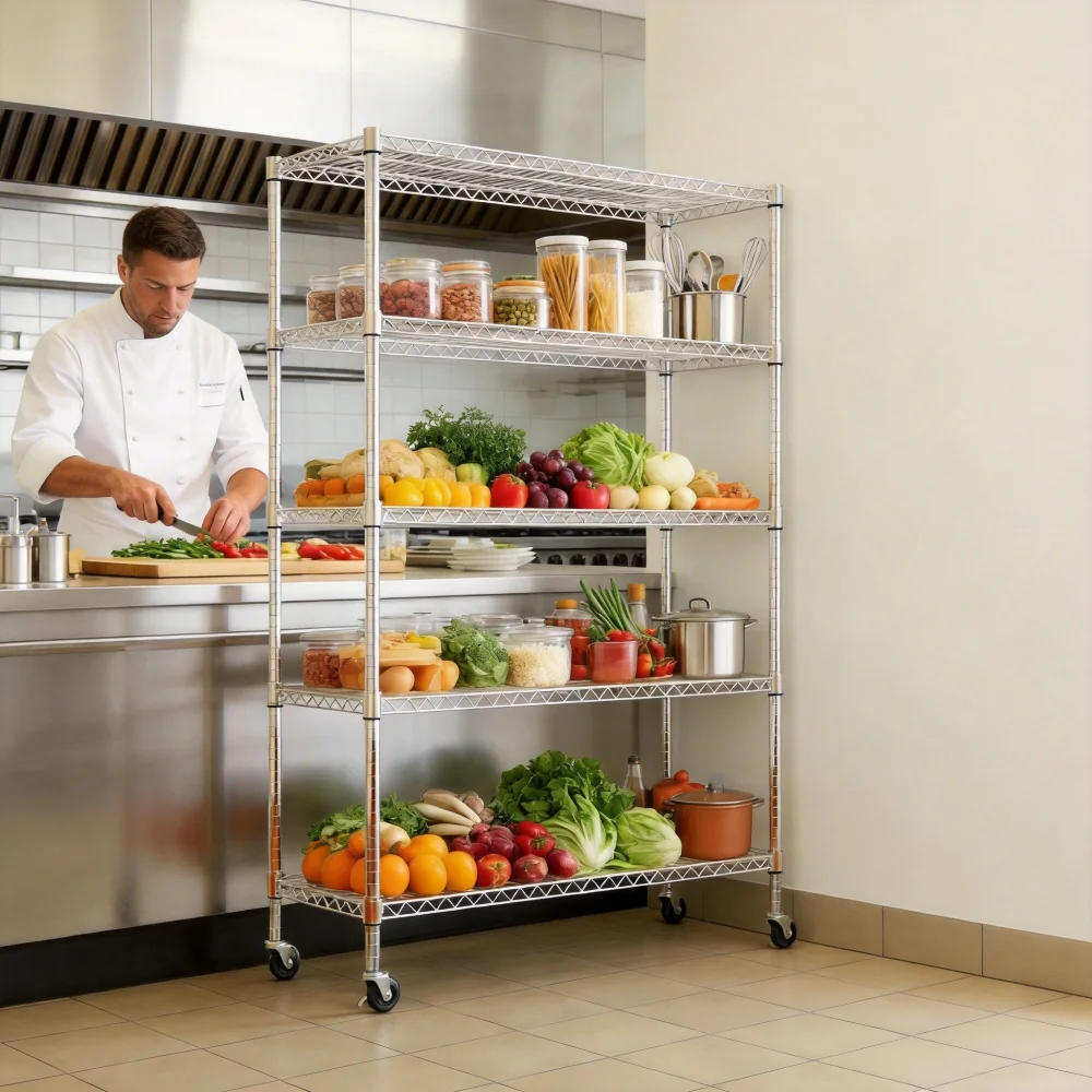 

Heavy Duty 5-Tier Wire Shelf: 1650lbs, Adjustable with Wheels & Feet for Garage/Kitchen