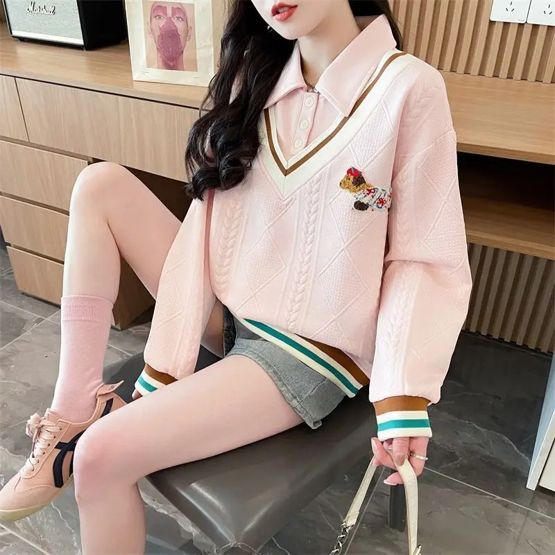 Fake 2 Pieces School Style Pullover 2025 New Spring Women Hoodies Cartoon Dog Flocking Sweatshirt All-Matching Patchwork Clothes