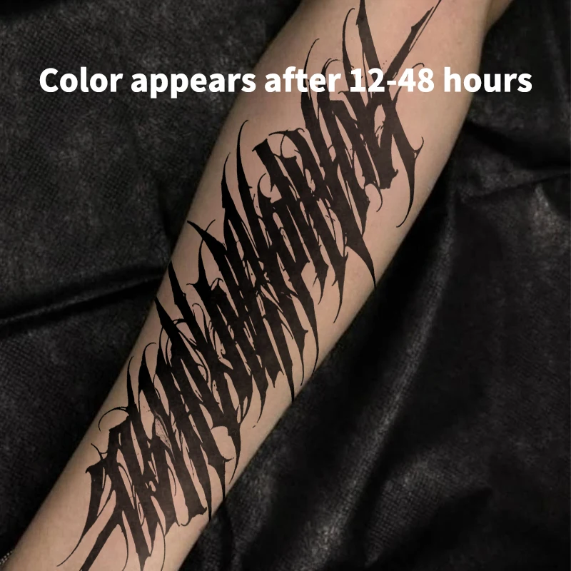 Edgy Black Gothic Script Temporary Tattoo Stickers Herbal Juice Waterproof Realistic Lettering Body Art for Forearm Body Decal