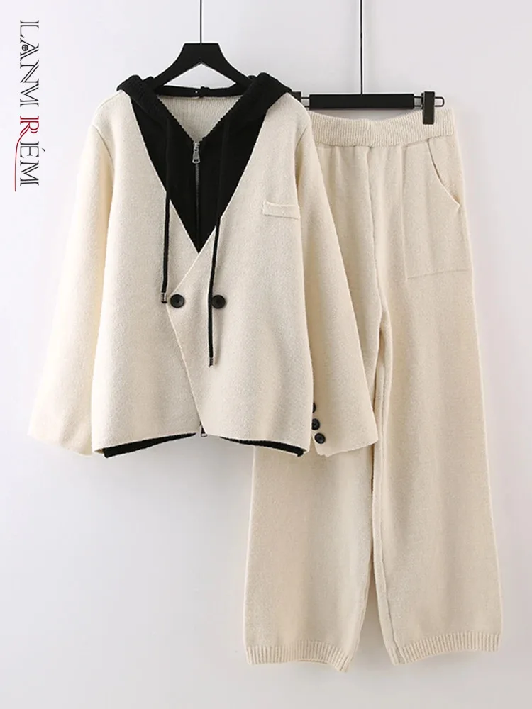 LANMREM Casual Two-piece Set For Women Hooded Zipper Design Contrast Color Coat With Wide Leg Pants 2024 New Cloothing 2Z1922