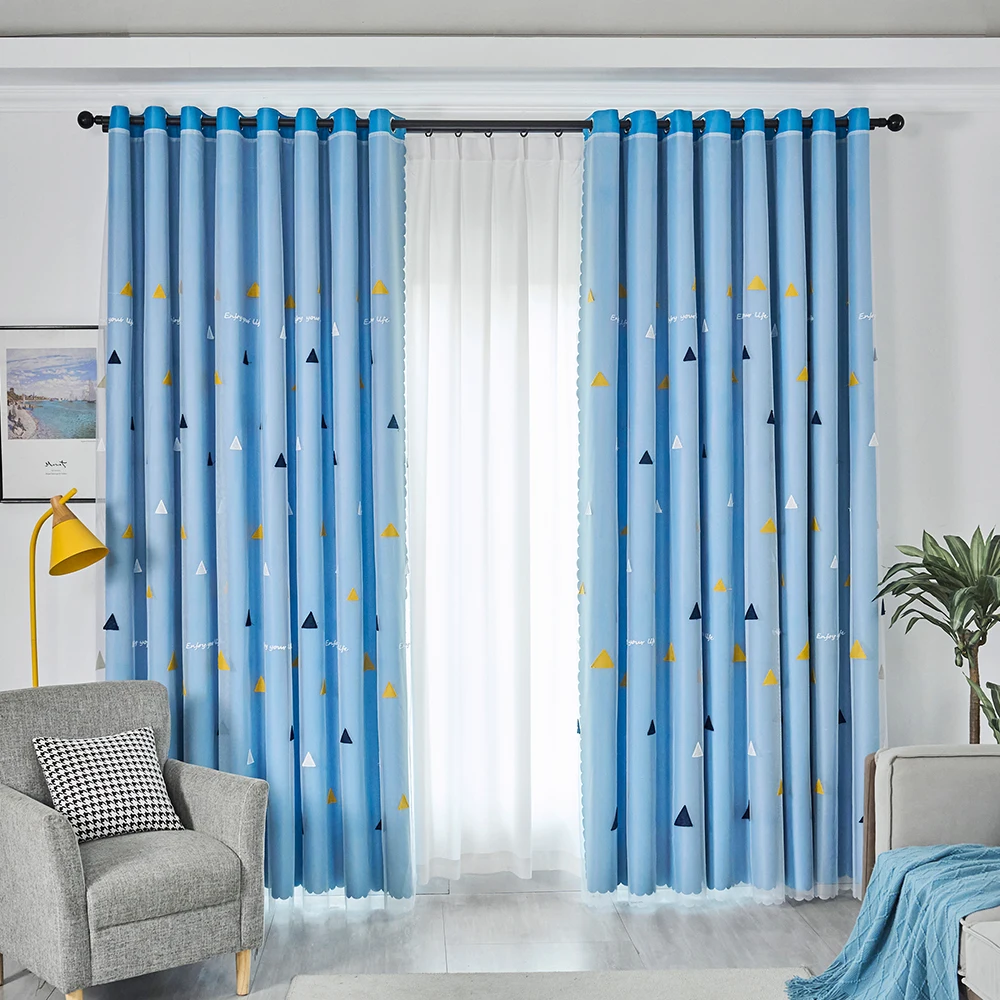 1pc Modern Blue Double Layer Curtain with Triangle Embroidery, Geometric Pattern Sheer for Living Room