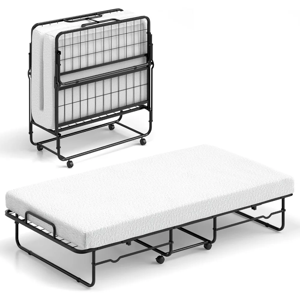 

Giantex Twin Folding Bed with Mattress, Roll Away Portable Guest Bed w/Sturdy Metal Frame, Space-Saving Rollaway Bed with Memory