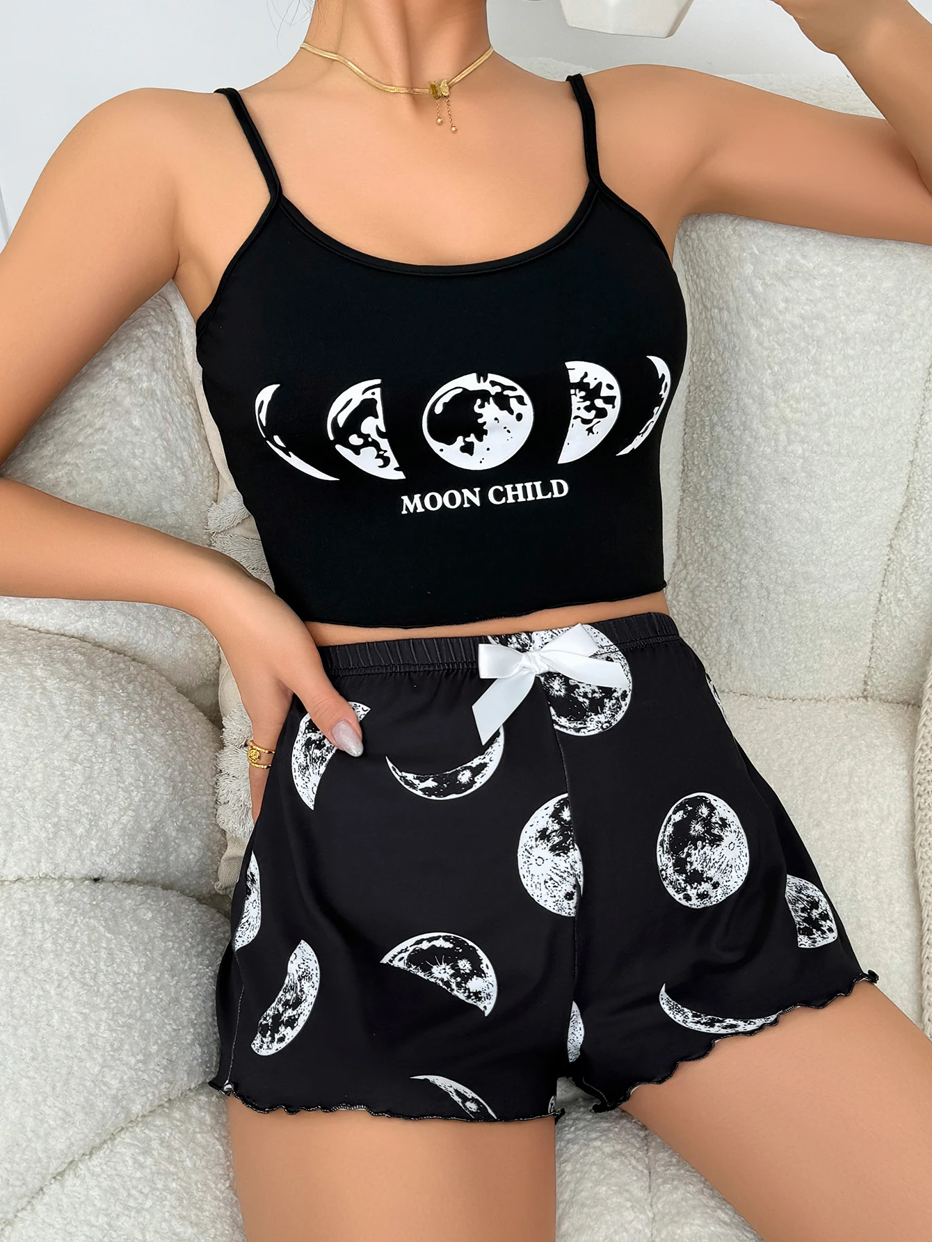Summer Sleepwear Women Pajama Set Camisole and Shorts Pink Black Moon and Planet Print Comfortable Casual Suit