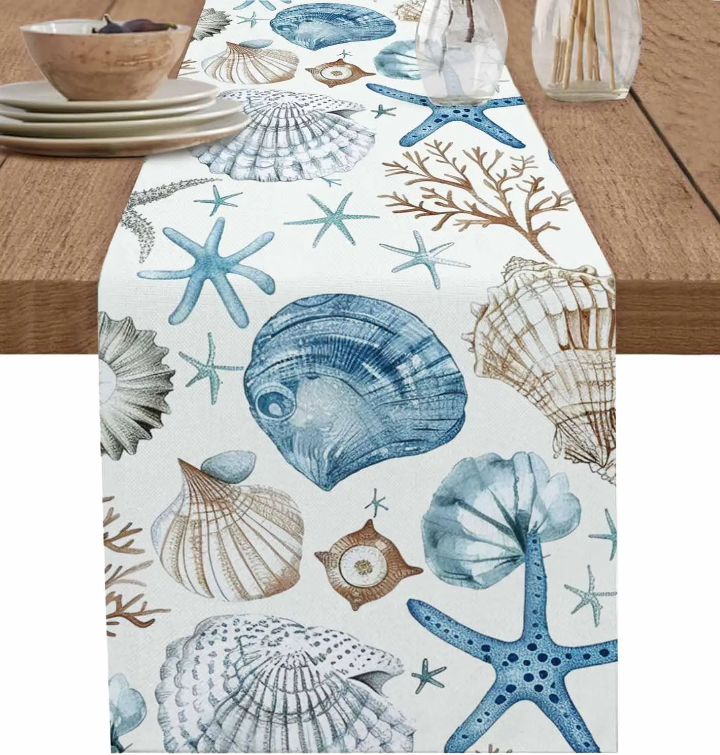 Ocean Shells Conch Starfish Coral Linen Table Runners Dresser Scarves Decor Reusable Kitchen Dining Table Runner Party Decor